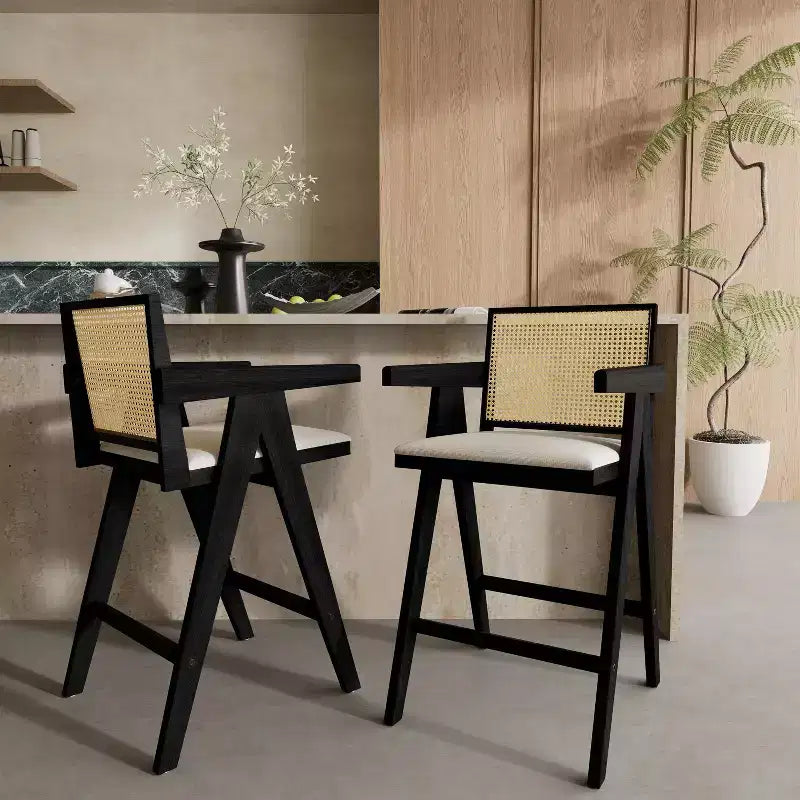 Okak Set of 2 Solid Wood Counter Height Bar Stools for Dining Rooms,Natural Finish Kitchen Island Armchairs with Rattan Back