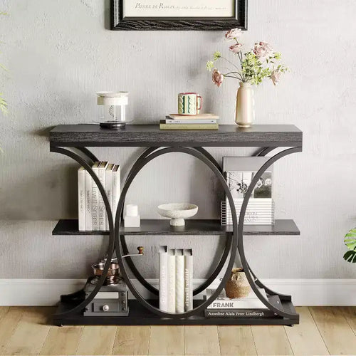 39 Industrial Narrow Console Table, 3-Tier Sofa Table with Round Metal Base for Entryway, Hallway, Living Room