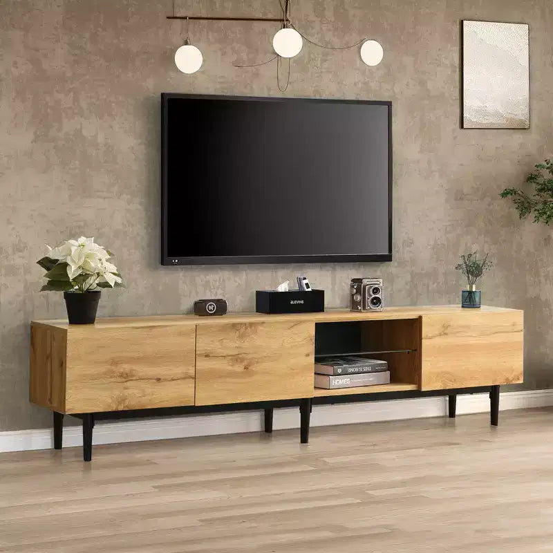 Mobili TV moderni Clihome con 4 armadietti e mensole aperte, tavolo consolle multimediale abbinato per TV fino a 80 pollici con luce LED