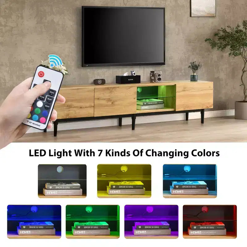 Mobili TV moderni Clihome con 4 armadietti e mensole aperte, tavolo consolle multimediale abbinato per TV fino a 80 pollici con luce LED