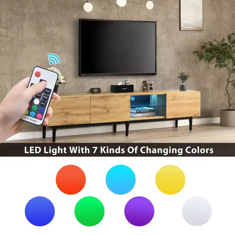 Mobili TV moderni Clihome con 4 armadietti e mensole aperte, tavolo consolle multimediale abbinato per TV fino a 80 pollici con luce LED