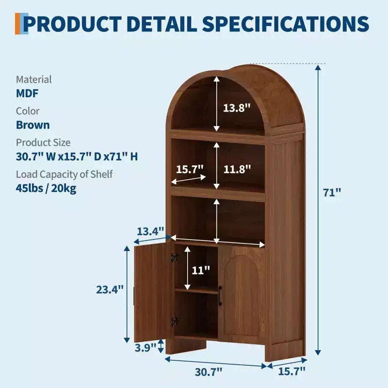 Dispensa da cucina ad arco da 71", Mobiletto in legno a 5 ripiani, Libreria autoportante con ripiani regolabili, Mobiletto da bagno