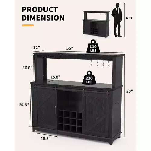 Mobiletto/Credenza da Caffè da 55 Pollici con Anta Scorrevole a Fienile, Design con Illuminazione d'Esposizione e Hub Multifunzione, Porta Calici per Sala da Pranzo