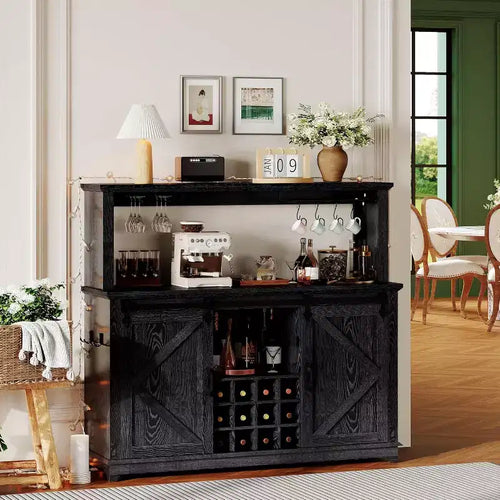 55 Inch Coffee Bar Cabinet with Sliding Barn Door, Display Lighting Design and Multi-Function Hub, Wine Glass Rack Storage for Dining Room