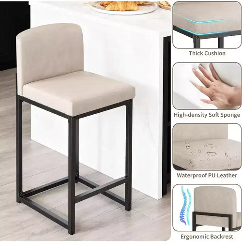 2Pcs Modern Bar Stools, Faux Leather Upholstered Height 24.8in Counter Chairs with Back & Adjustable Non-slip Feetpad for Kitchen Island