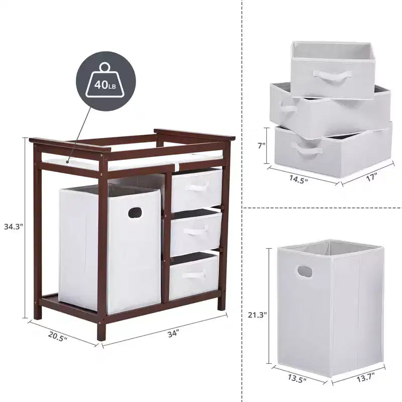 Fasciatoio e Cassettiera in Legno con 3 Cassetti, Cesto Portabiancheria e Materassino Fasciatoio. Stazione per Neonati e Bambini