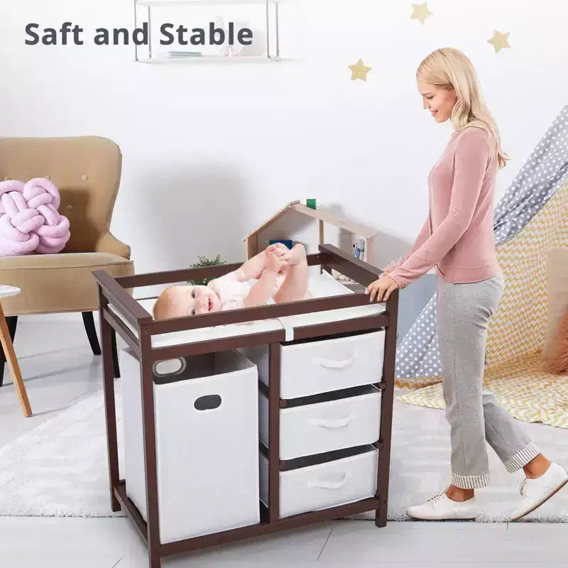 Fasciatoio e Cassettiera in Legno con 3 Cassetti, Cesto Portabiancheria e Materassino Fasciatoio. Stazione per Neonati e Bambini