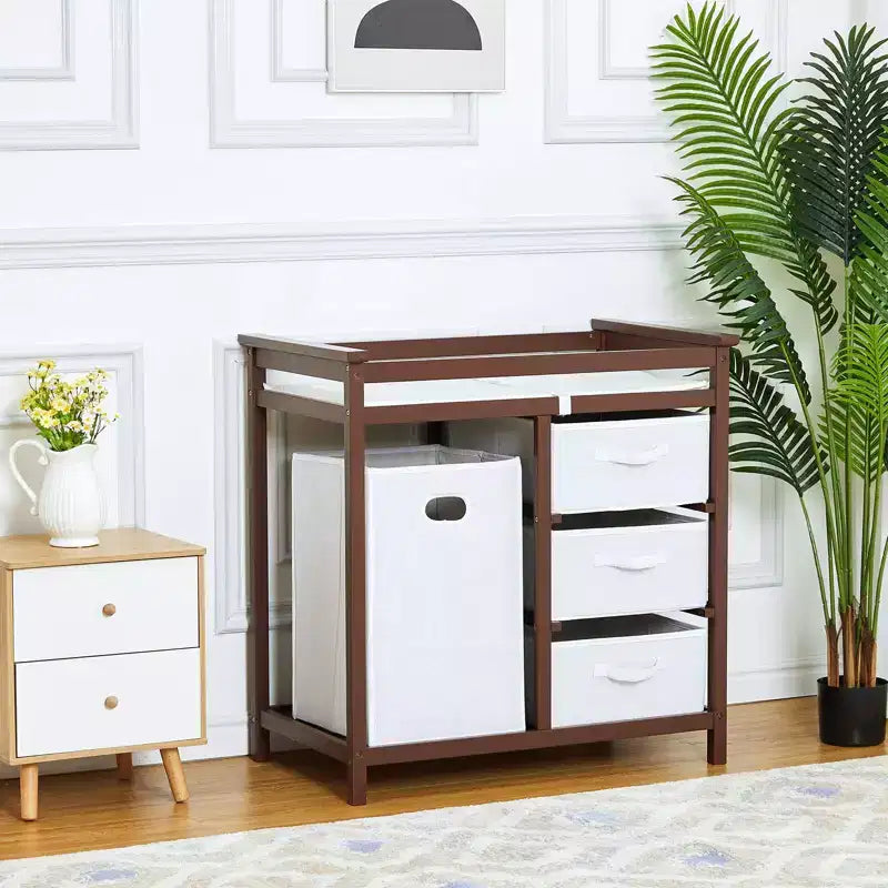 Fasciatoio e Cassettiera in Legno con 3 Cassetti, Cesto Portabiancheria e Materassino Fasciatoio. Stazione per Neonati e Bambini