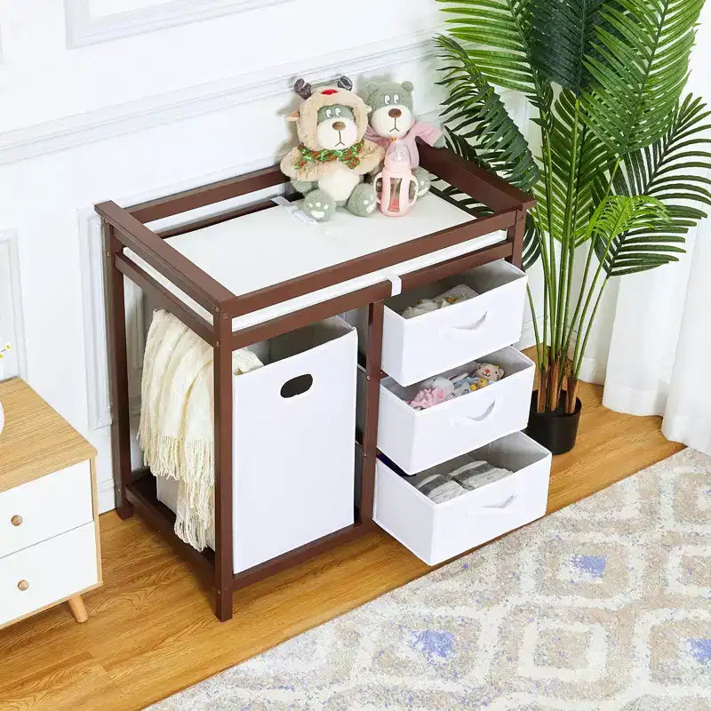 Wooden Baby Changing Table & Dresser with 3 Drawers, Laundry Hamper & Changing PadCNursery Station for Newborns and Infants