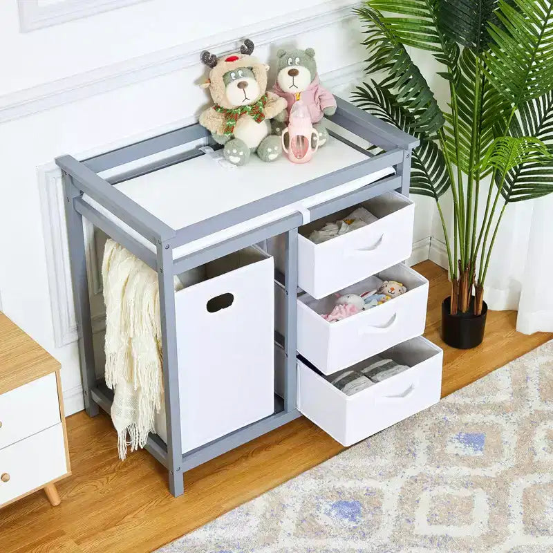 Fasciatoio e Cassettiera in Legno con 3 Cassetti, Cesto Portabiancheria e Materassino Fasciatoio. Stazione per Neonati e Bambini