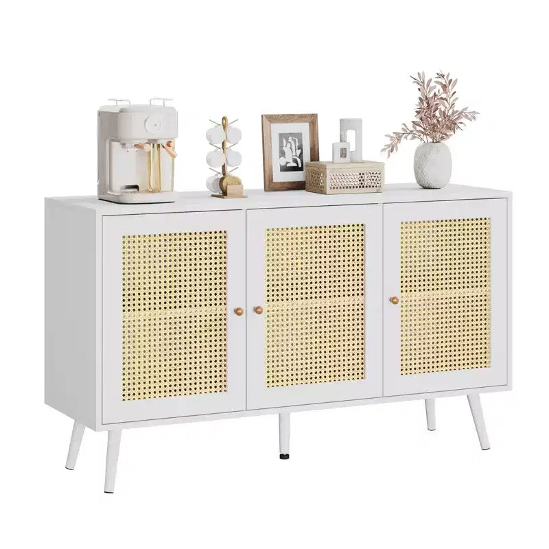 Mobile buffet a 3 ante in rattan con contenitore, credenza da appoggio per cucina e sala da pranzo