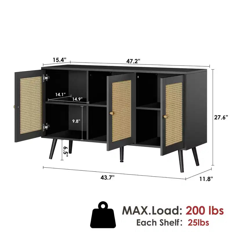 Mobile buffet a 3 ante in rattan con contenitore, credenza da appoggio per cucina e sala da pranzo