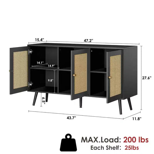 Mobile buffet a 3 ante in rattan con contenitore, credenza da appoggio per cucina e sala da pranzo
