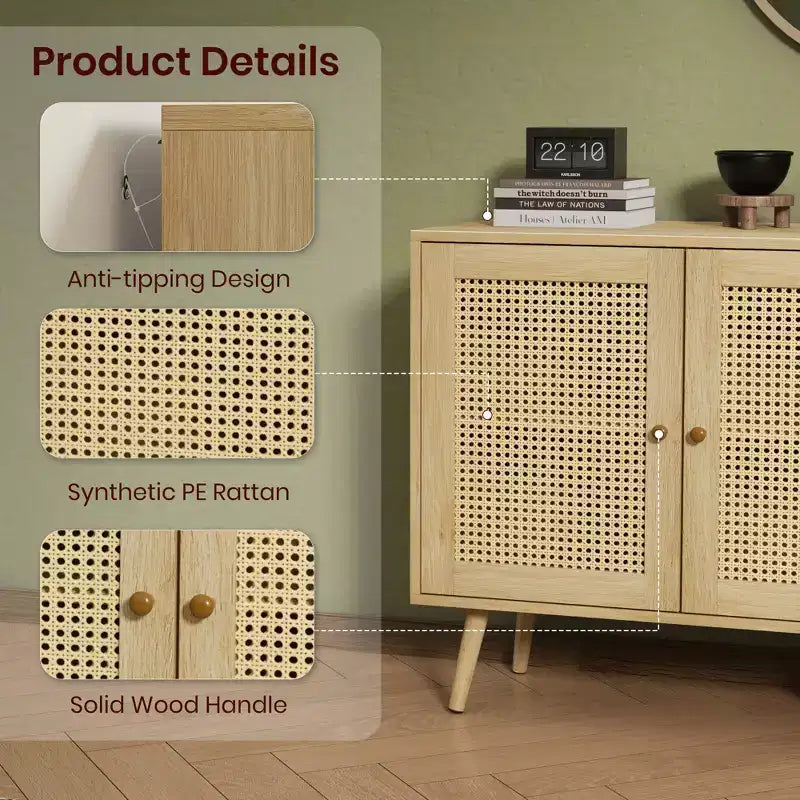 Mobile buffet a 3 ante in rattan con contenitore, credenza da appoggio per cucina e sala da pranzo