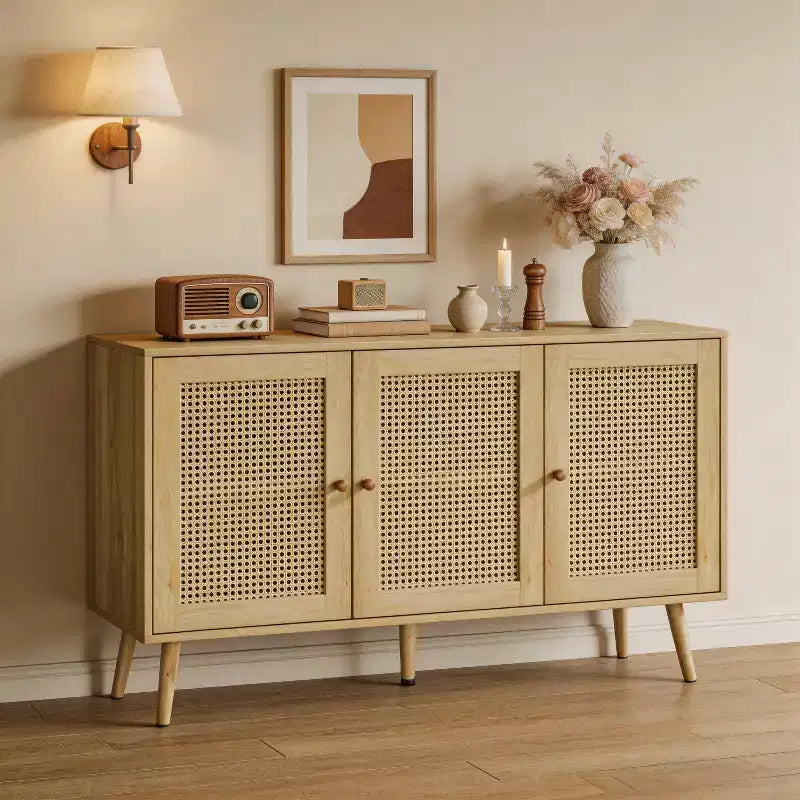 Mobile buffet a 3 ante in rattan con contenitore, credenza da appoggio per cucina e sala da pranzo
