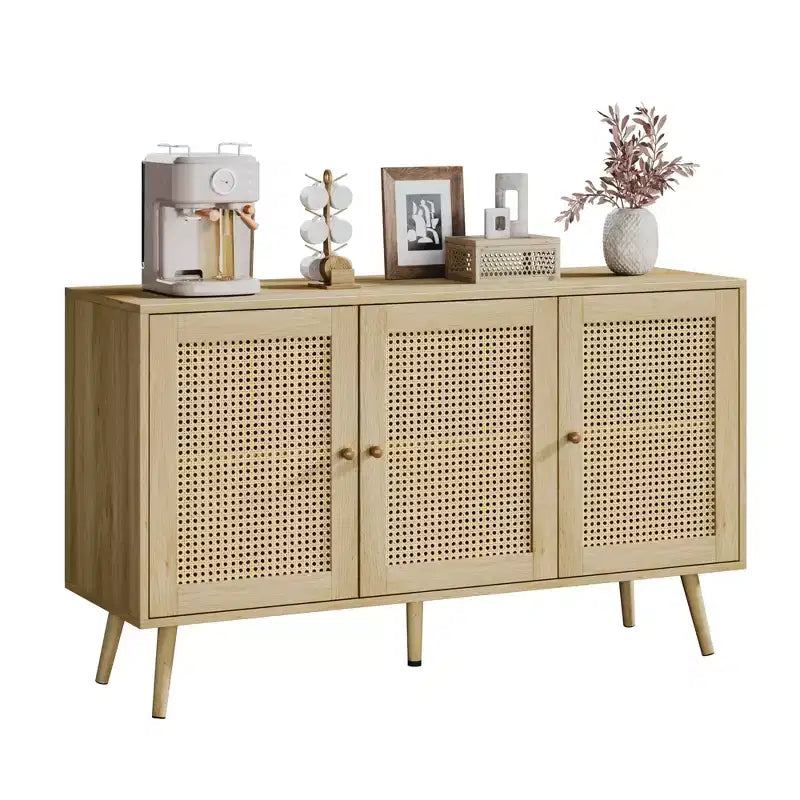 Mobile buffet a 3 ante in rattan con contenitore, credenza da appoggio per cucina e sala da pranzo