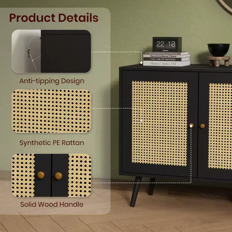 Mobile buffet a 3 ante in rattan con contenitore, credenza da appoggio per cucina e sala da pranzo