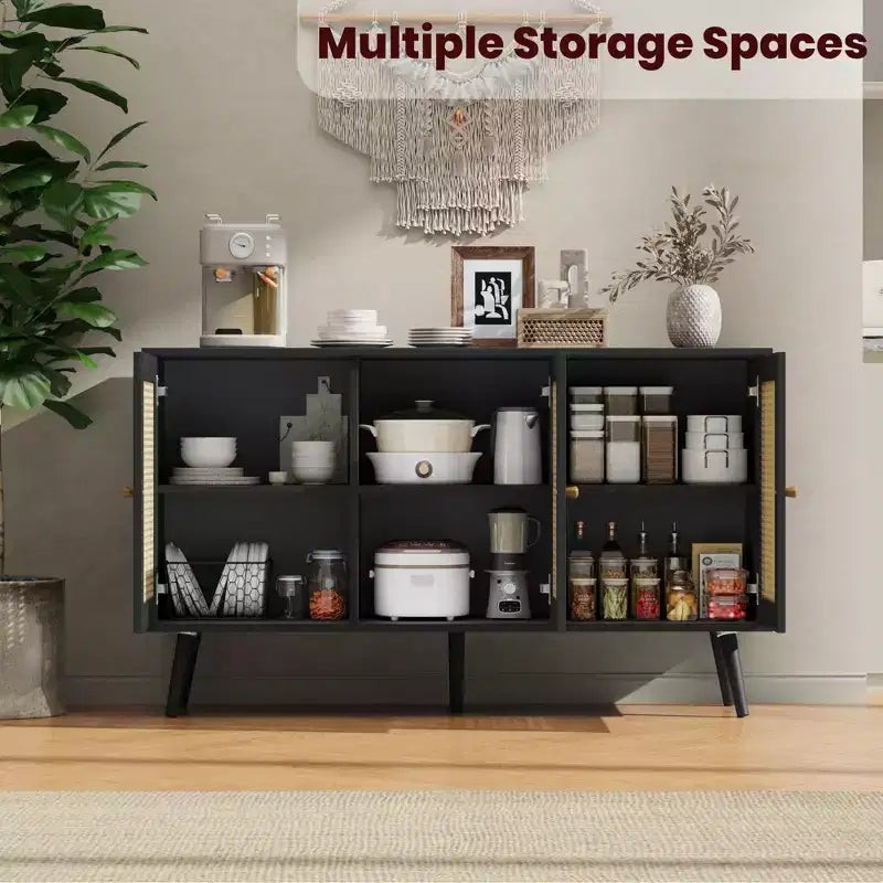 Mobile buffet a 3 ante in rattan con contenitore, credenza da appoggio per cucina e sala da pranzo