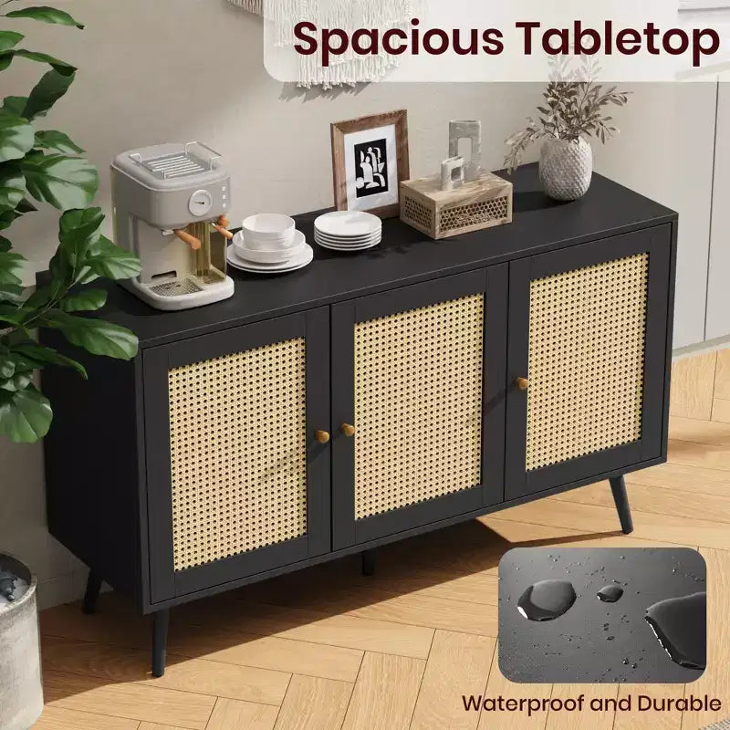 Mobile buffet a 3 ante in rattan con contenitore, credenza da appoggio per cucina e sala da pranzo