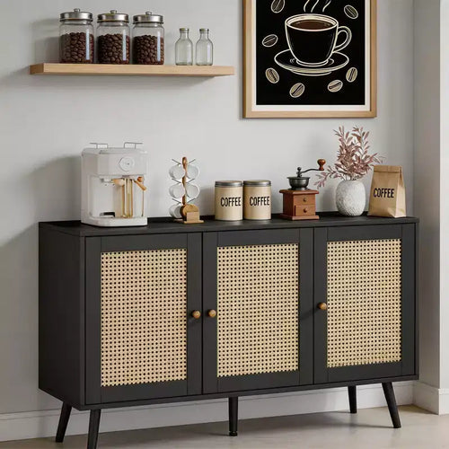 3-Door Rattan Buffet Cabinets with Storage, Freestanding Sideboard/Credenza for Kitchen & Dining Room