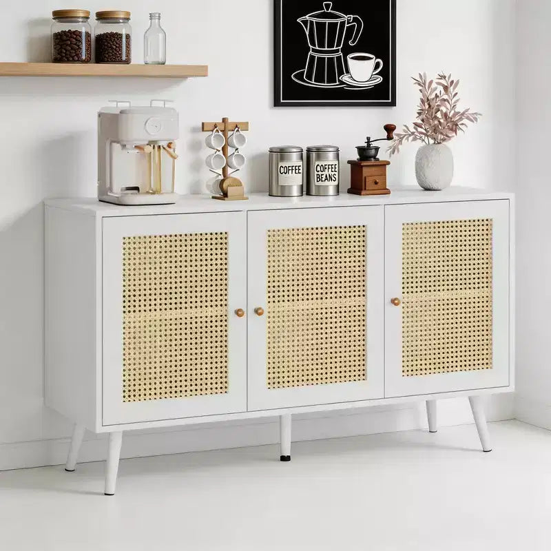 Mobile buffet a 3 ante in rattan con contenitore, credenza da appoggio per cucina e sala da pranzo