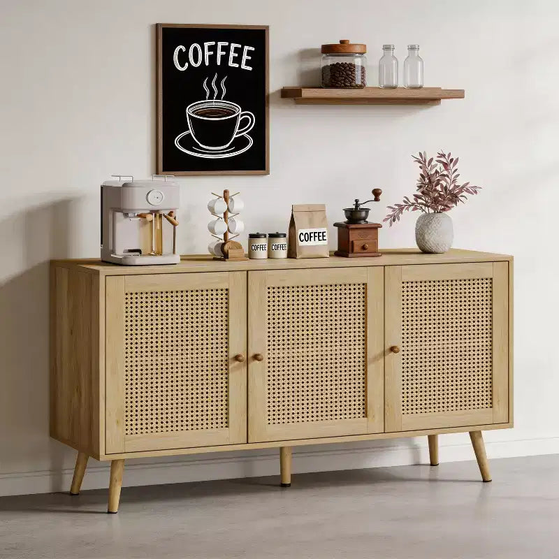 Mobile buffet a 3 ante in rattan con contenitore, credenza da appoggio per cucina e sala da pranzo