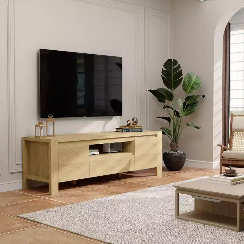 Mobile TV da 63 pollici stile coloniale con armadietto, Centro d'intrattenimento per TV fino a 70 pollici, Nessun assemblaggio richiesto, Finitura naturale