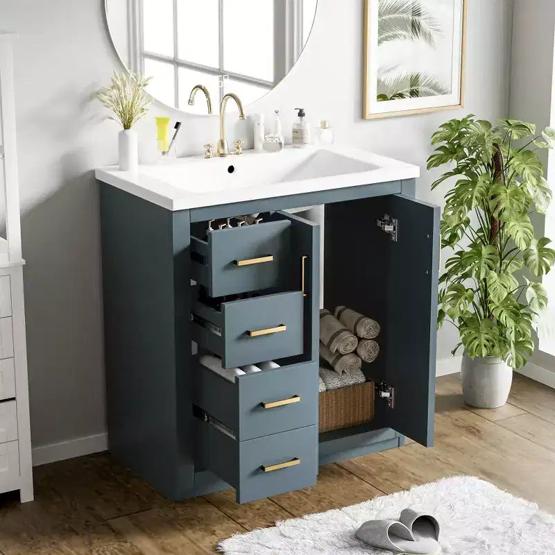 Mobile bagno 76 cm con lavabo, Mobiletto bagno con cassetti, Mobiletto bagno con lavabo singolo e ante con chiusura ammortizzata