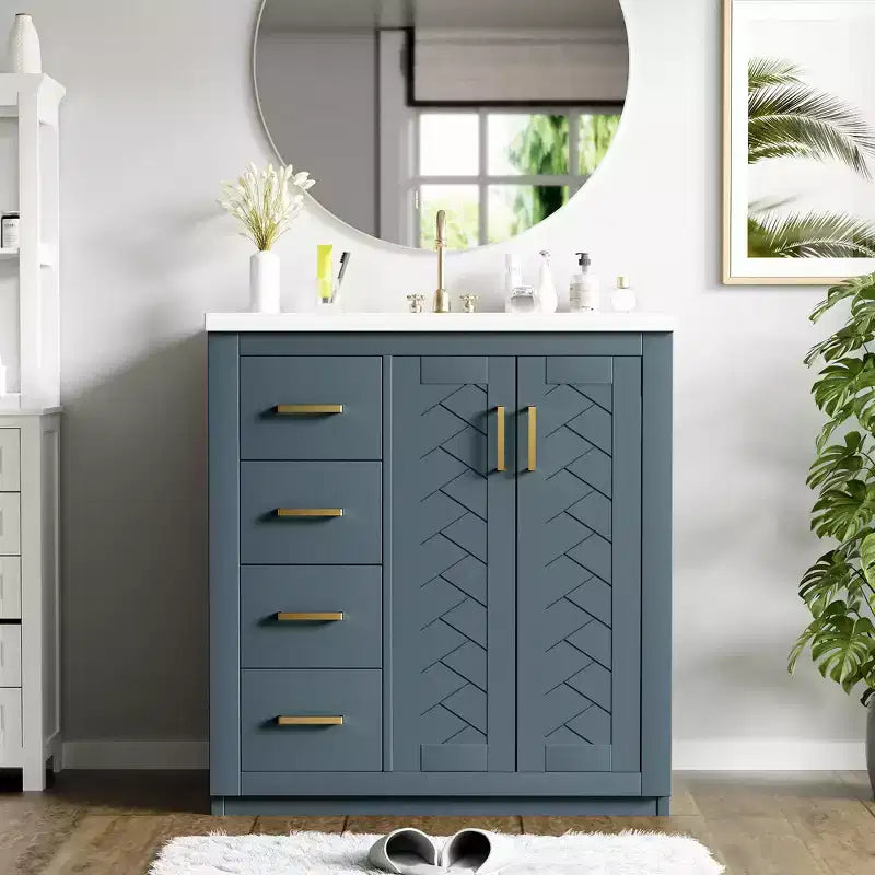 Mobile bagno 76 cm con lavabo, Mobiletto bagno con cassetti, Mobiletto bagno con lavabo singolo e ante con chiusura ammortizzata