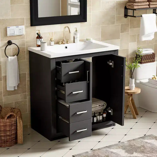 Mobile bagno 76 cm con lavabo, Mobiletto bagno con cassetti, Mobiletto bagno con lavabo singolo e ante con chiusura ammortizzata