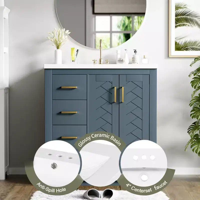 Mobile bagno 76 cm con lavabo, Mobiletto bagno con cassetti, Mobiletto bagno con lavabo singolo e ante con chiusura ammortizzata