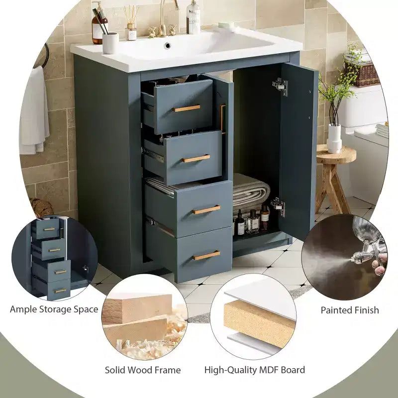 Mobile bagno 76 cm con lavabo, Mobiletto bagno con cassetti, Mobiletto bagno con lavabo singolo e ante con chiusura ammortizzata
