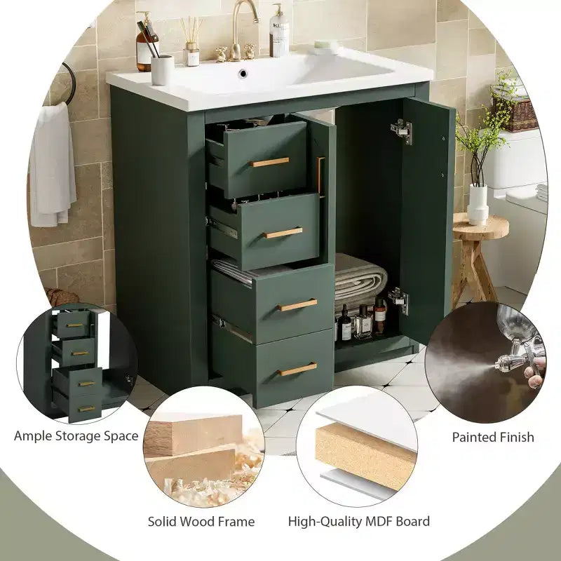 Mobile bagno 76 cm con lavabo, Mobiletto bagno con cassetti, Mobiletto bagno con lavabo singolo e ante con chiusura ammortizzata