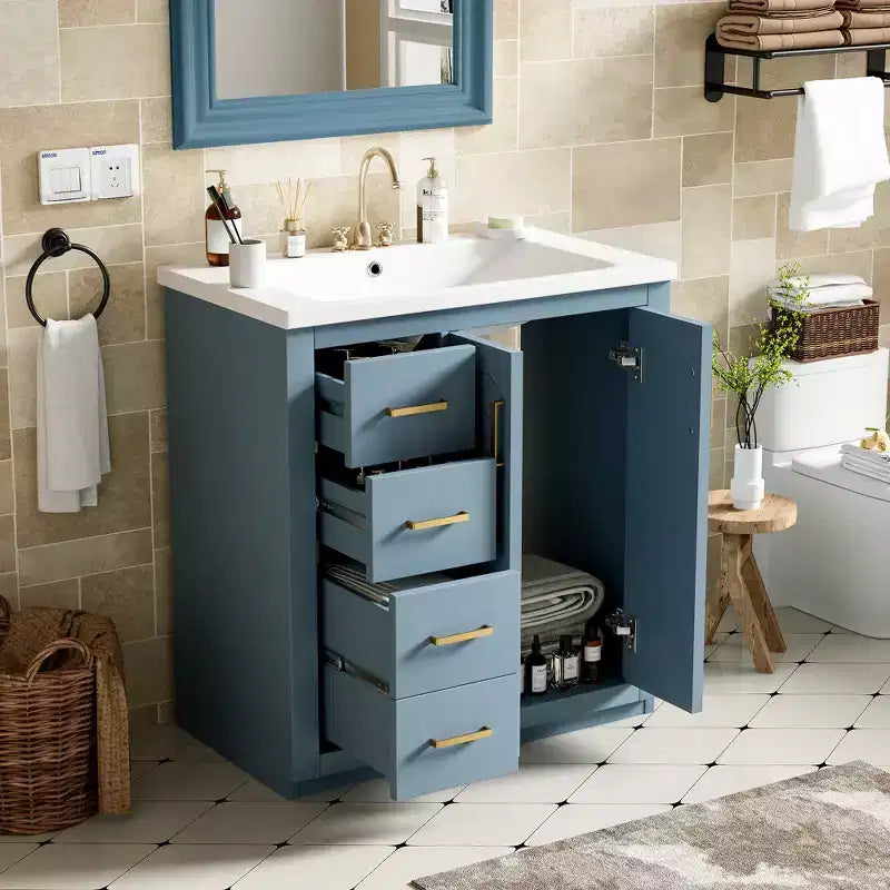 Mobile bagno 76 cm con lavabo, Mobiletto bagno con cassetti, Mobiletto bagno con lavabo singolo e ante con chiusura ammortizzata