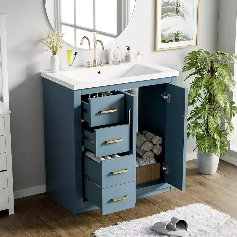 Mobile bagno 76 cm con lavabo, Mobiletto bagno con cassetti, Mobiletto bagno con lavabo singolo e ante con chiusura ammortizzata