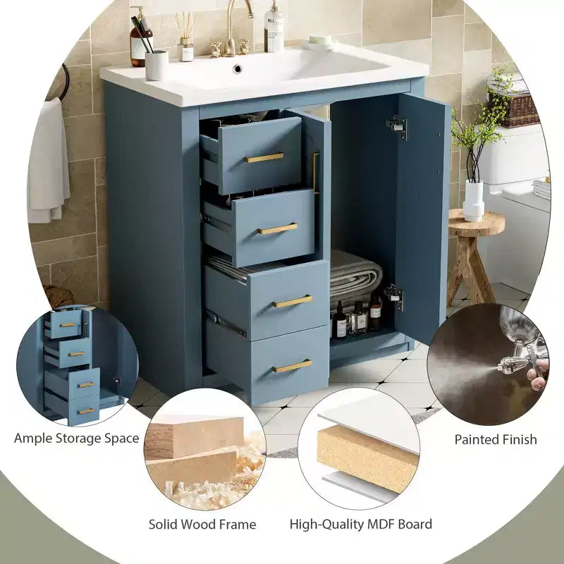 Mobile bagno 76 cm con lavabo, Mobiletto bagno con cassetti, Mobiletto bagno con lavabo singolo e ante con chiusura ammortizzata
