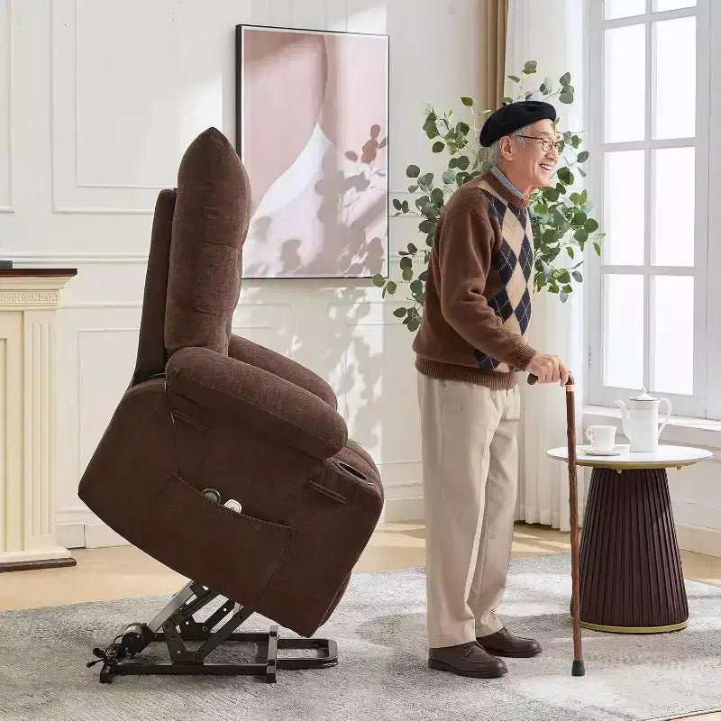 Poltrona Reclinabile Power Lift per Anziani - Recliner Elettrico Massaggiante e Riscaldante con Assistenza in Piedi a 45°, Dondolo Girevole con Portabicchieri, Poltrona Relax Reclinabile