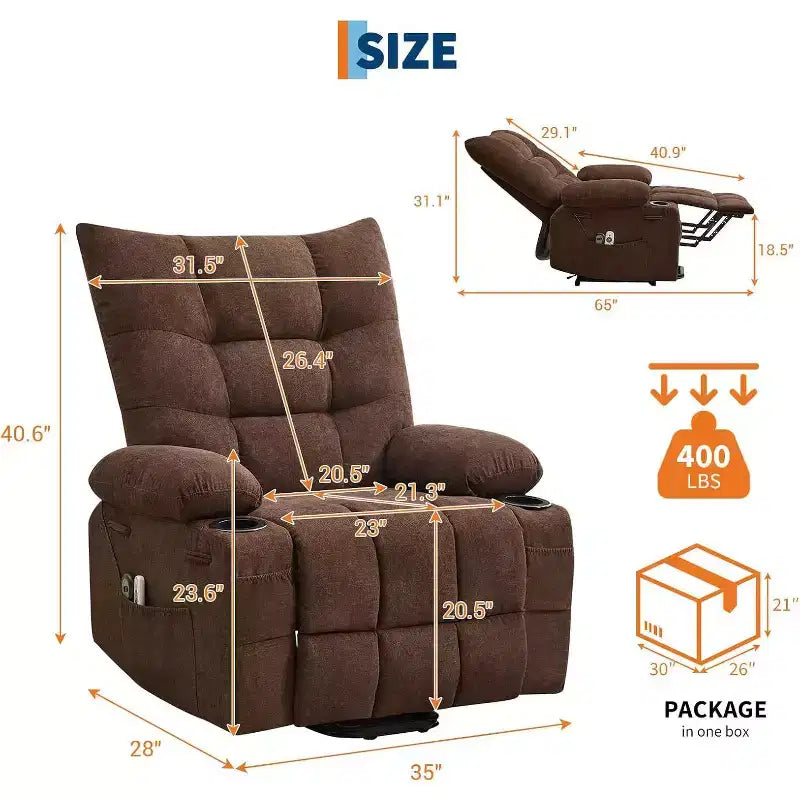 Poltrona Reclinabile Power Lift per Anziani - Recliner Elettrico Massaggiante e Riscaldante con Assistenza in Piedi a 45°, Dondolo Girevole con Portabicchieri, Poltrona Relax Reclinabile