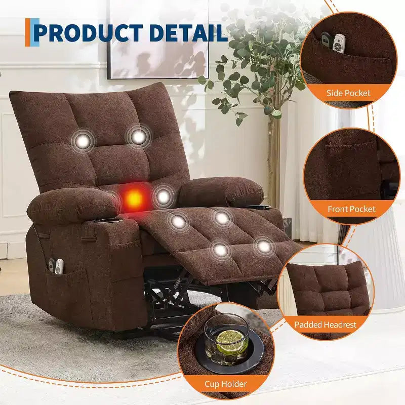 Poltrona Reclinabile Power Lift per Anziani - Recliner Elettrico Massaggiante e Riscaldante con Assistenza in Piedi a 45°, Dondolo Girevole con Portabicchieri, Poltrona Relax Reclinabile