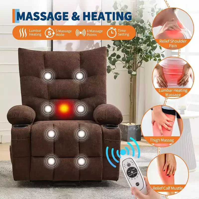Poltrona Reclinabile Power Lift per Anziani - Recliner Elettrico Massaggiante e Riscaldante con Assistenza in Piedi a 45°, Dondolo Girevole con Portabicchieri, Poltrona Relax Reclinabile