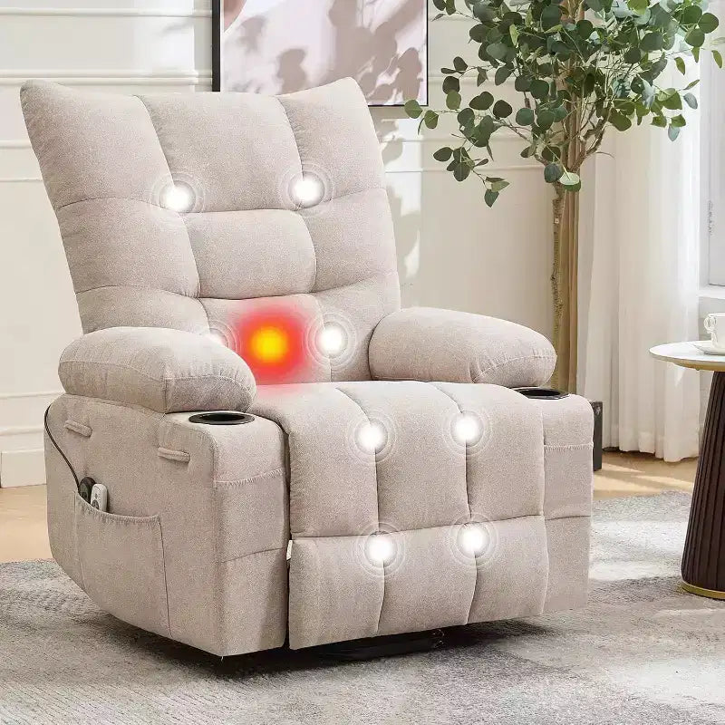 Poltrona Reclinabile Power Lift per Anziani - Recliner Elettrico Massaggiante e Riscaldante con Assistenza in Piedi a 45°, Dondolo Girevole con Portabicchieri, Poltrona Relax Reclinabile