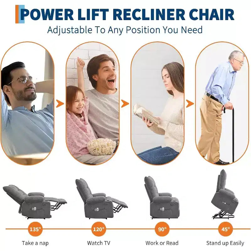 Poltrona Reclinabile Power Lift per Anziani - Recliner Elettrico Massaggiante e Riscaldante con Assistenza in Piedi a 45°, Dondolo Girevole con Portabicchieri, Poltrona Relax Reclinabile