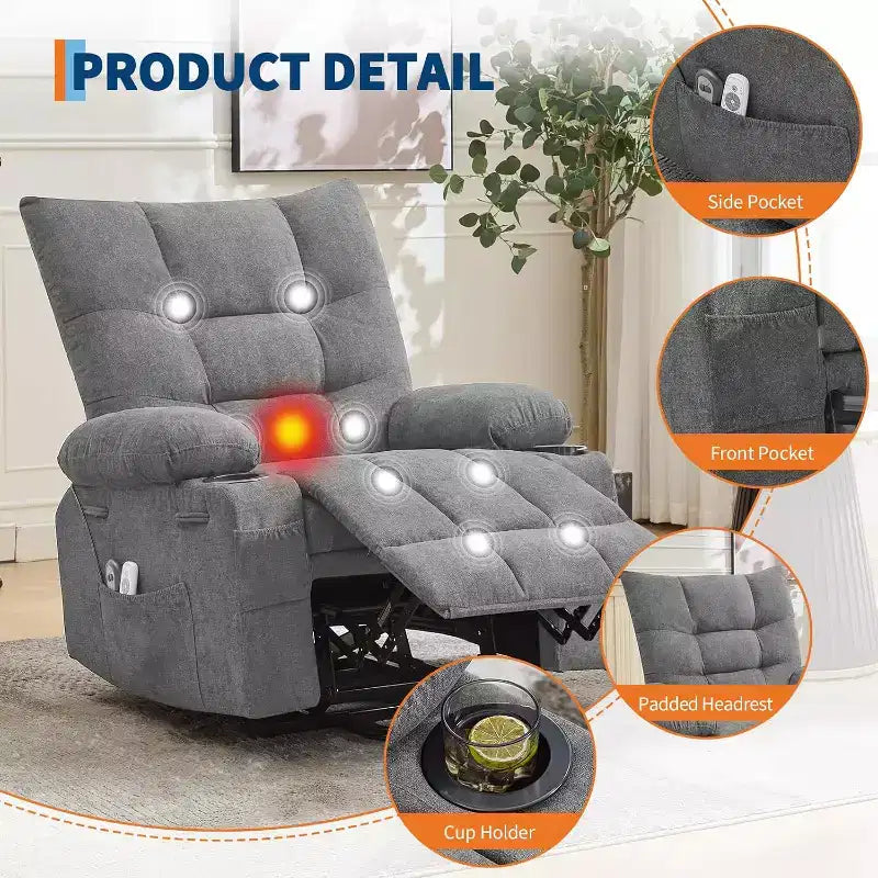 Poltrona Reclinabile Power Lift per Anziani - Recliner Elettrico Massaggiante e Riscaldante con Assistenza in Piedi a 45°, Dondolo Girevole con Portabicchieri, Poltrona Relax Reclinabile