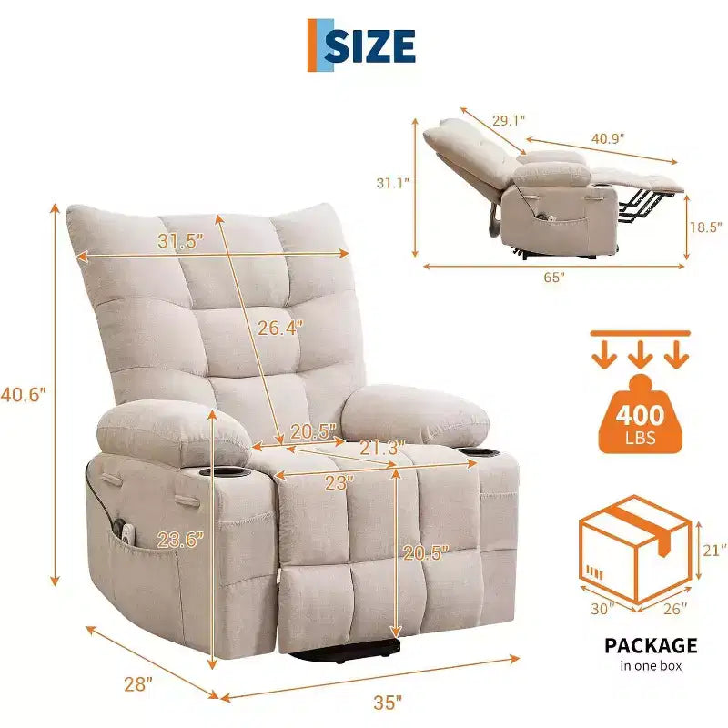 Poltrona Reclinabile Power Lift per Anziani - Recliner Elettrico Massaggiante e Riscaldante con Assistenza in Piedi a 45°, Dondolo Girevole con Portabicchieri, Poltrona Relax Reclinabile