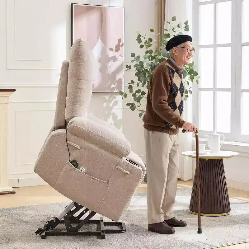 Poltrona Reclinabile Power Lift per Anziani - Recliner Elettrico Massaggiante e Riscaldante con Assistenza in Piedi a 45°, Dondolo Girevole con Portabicchieri, Poltrona Relax Reclinabile