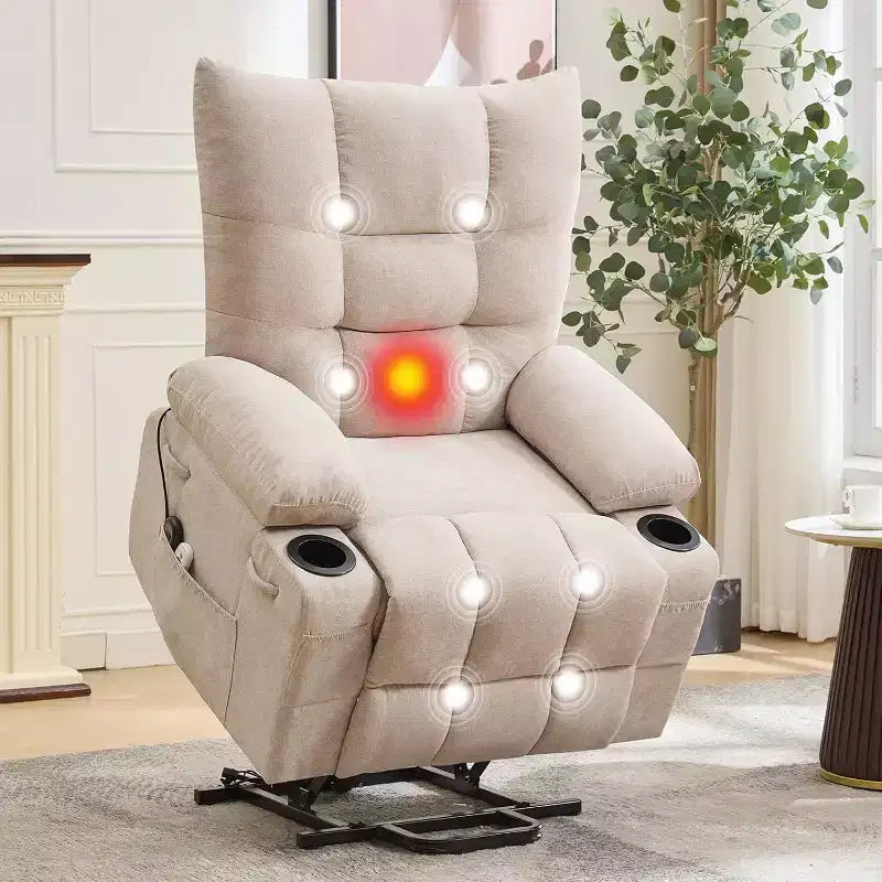 Poltrona Reclinabile Power Lift per Anziani - Recliner Elettrico Massaggiante e Riscaldante con Assistenza in Piedi a 45°, Dondolo Girevole con Portabicchieri, Poltrona Relax Reclinabile