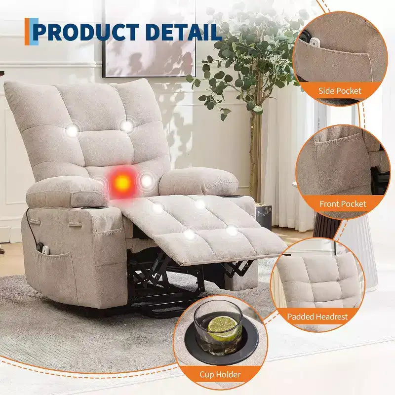 Poltrona Reclinabile Power Lift per Anziani - Recliner Elettrico Massaggiante e Riscaldante con Assistenza in Piedi a 45°, Dondolo Girevole con Portabicchieri, Poltrona Relax Reclinabile