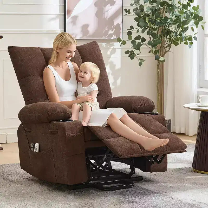 Poltrona Reclinabile Power Lift per Anziani - Recliner Elettrico Massaggiante e Riscaldante con Assistenza in Piedi a 45°, Dondolo Girevole con Portabicchieri, Poltrona Relax Reclinabile