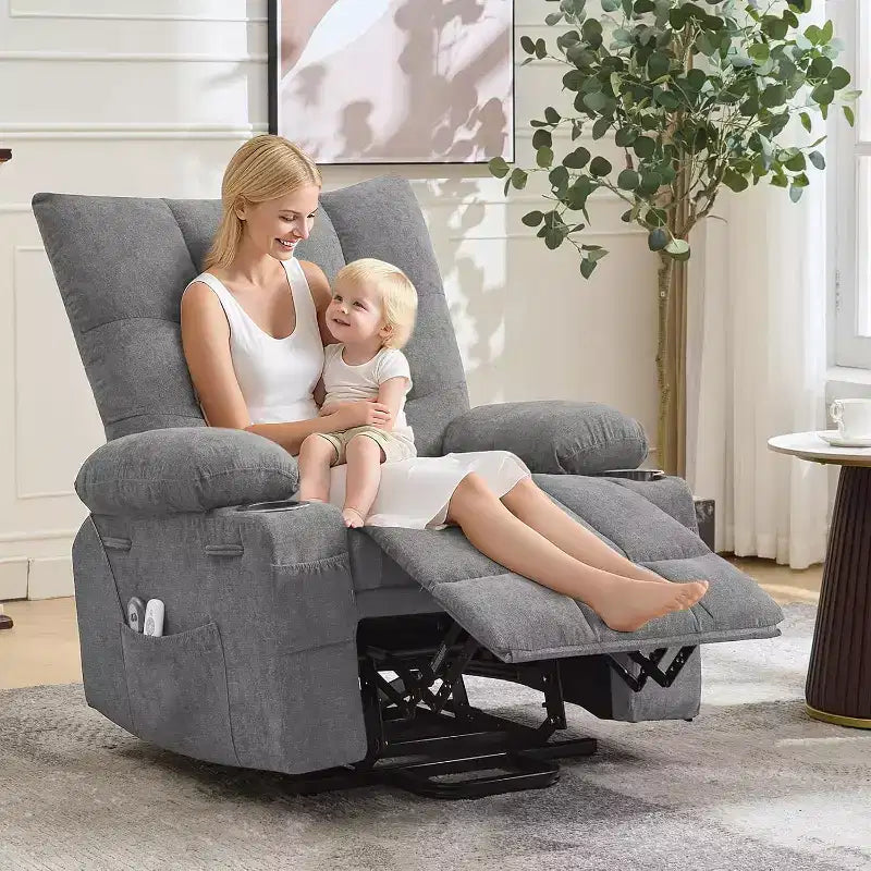 Poltrona Reclinabile Power Lift per Anziani - Recliner Elettrico Massaggiante e Riscaldante con Assistenza in Piedi a 45°, Dondolo Girevole con Portabicchieri, Poltrona Relax Reclinabile