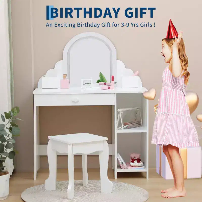 Tocador para Bambini con Specchio Illuminato e Sgabello, Set da Tocador per Bambine con Specchio Regolabile, Cassetto e Ripiani, Set da Trucco in Legno per Bambine dai 3 ai 9 Anni